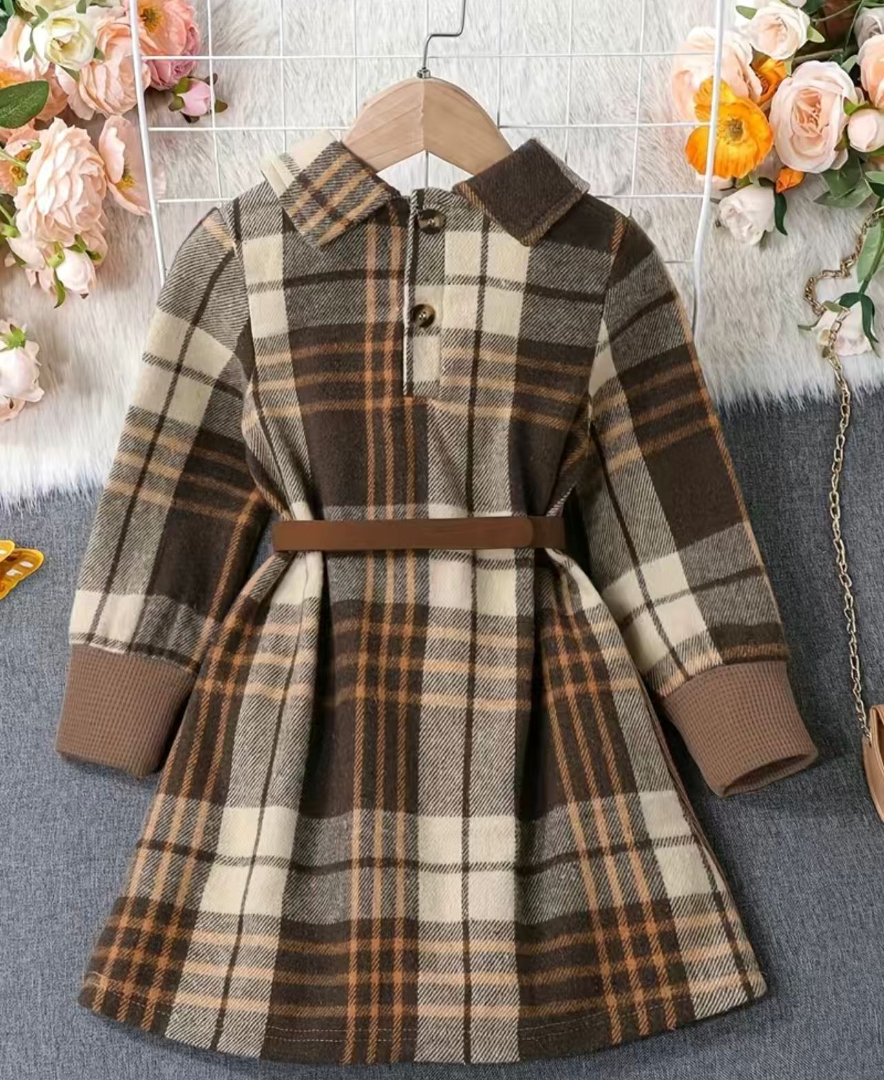 Coffee plaid collar dress