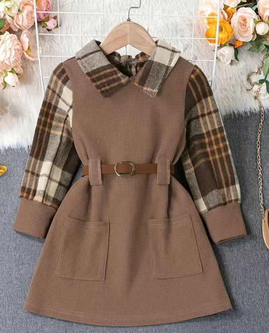 Coffee plaid collar dress