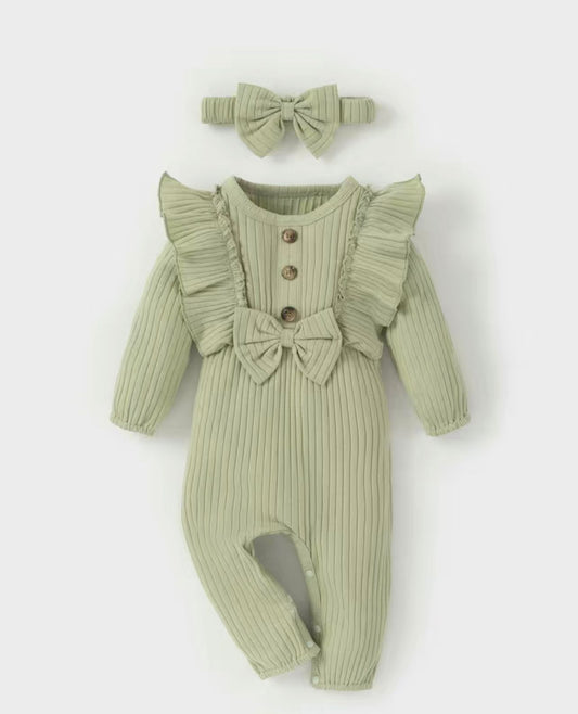 Green frilly baby grow